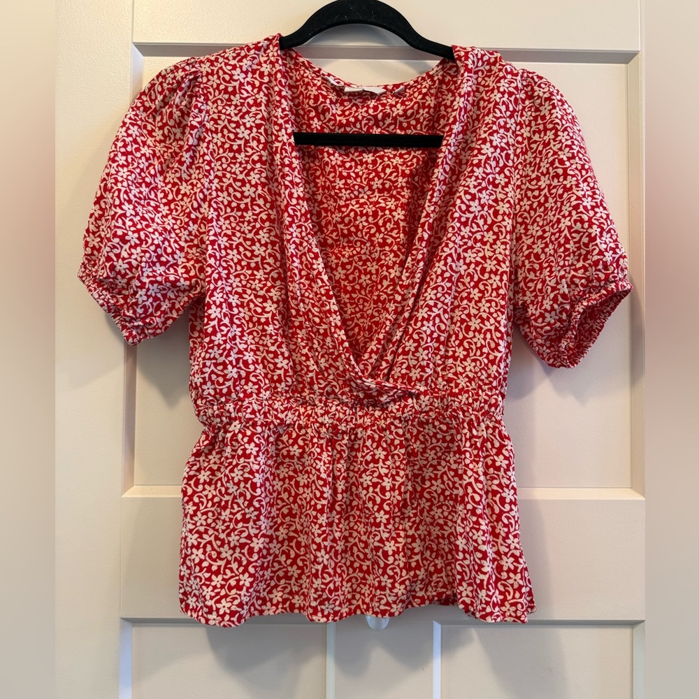 Boden Red and White Floral Wrap-Style Peplum Top